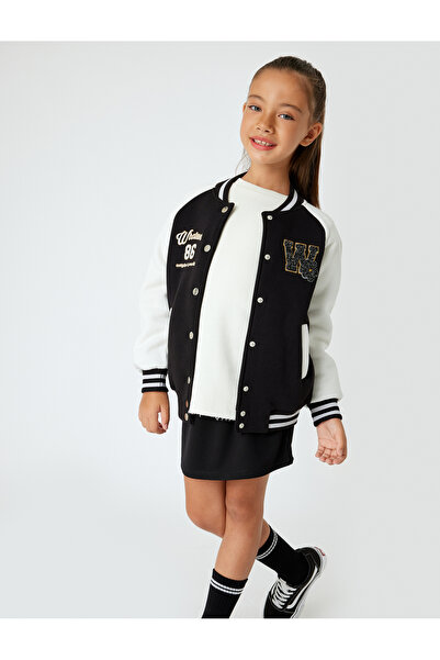 Koton Kız Çocuk Kolej Ceket Aplike Detaylı Uzun Kollu Renk Bloklu Çıtçıt Kapamalı Şardonlu