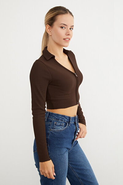Fulla Moda Polo Neck Zippered Crop Bodysuit