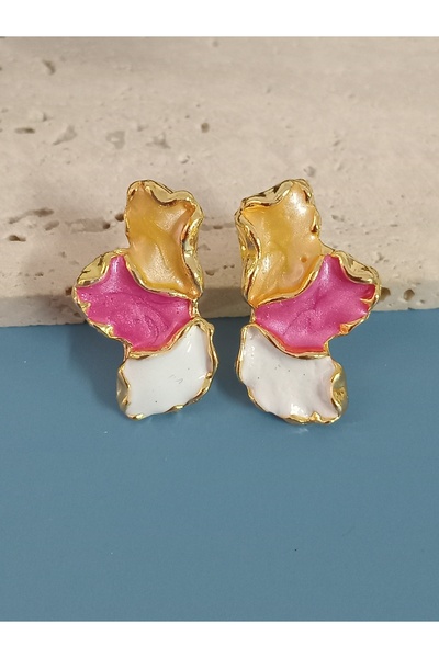 mos&more Pink Beige White Enamel Half Flower Small Earrings