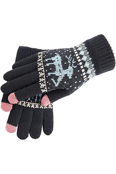 Flippy Women's Gloves, Reindeer Pattern, Touchscreen, Acrylic Knit, Fleece Lining, One Size, Black