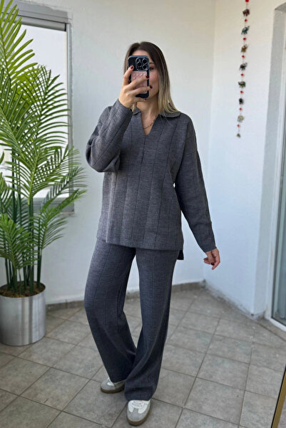 Kubos Moda Polo Neck Long Side Slit Knitwear Bottom Top Gray Set