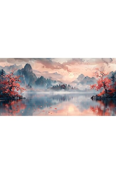 GRELYS PRINT Tablou Canvas living, Peisaj in Japonia, munti, lac, padure, flo...