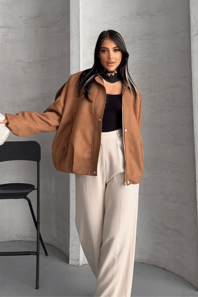 giyimmasalı Woven Suede Fabric Epaulet Bomber Jacket - Light Brown