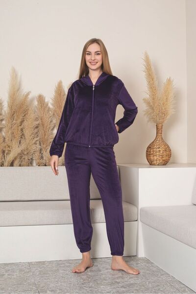 Asel Kadın Kapşonlu Mor Renk Kadife Uzun Kollu Lastikli Takımı