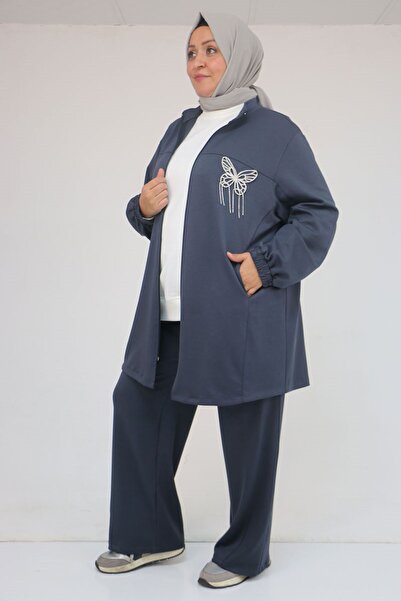 Eslina 57057 Plus Size Zippered Pants Modal Suit - Anthracite
