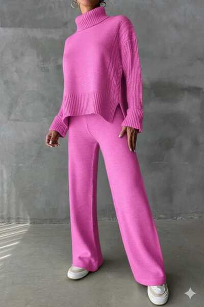 MODAM DENSTINY Women's Turtleneck Ribbed Hair Knit Patterned Side Slit Bottom Top Knitwear Set