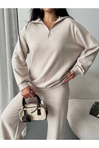 MY DEPO Women's Zippered Polo Neck Sweatshirt Wide Leg Pants Set