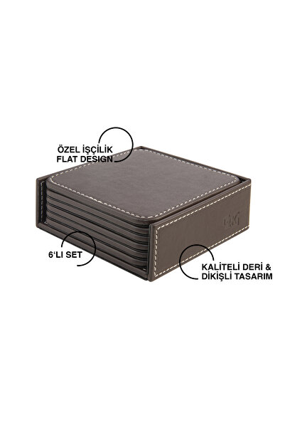 2K Coasters, Set of 6, Desktop Square Cup Coaster, Vegan Faux Leather, 11X11 Cm., Brown