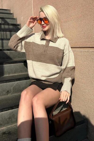 Seeh Γυναικείο πουλόβερ με ριγέ γιακά πόλο με κουμπιά βιζόν SH318