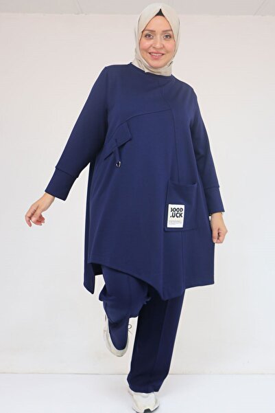 Eslina 57041 Plus Size Modal Pants Suit with Pocket Embroidery Detail - Indigo