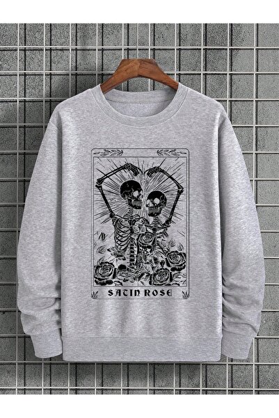MOVİMENT Light Gray Front Crew Neck Heart Symbolizing Skeleton Printed Sacin Rose Long Sleeve T-Shirt