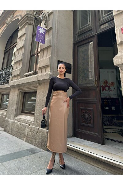 369 etnik butik High Waist Faux Leather Pencil Skirt – Midi Length with Belt Detail