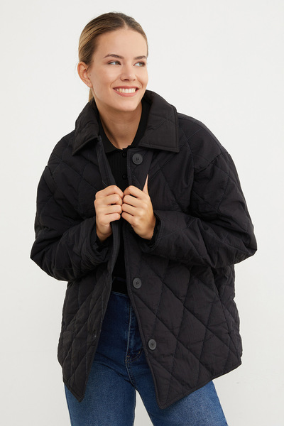 Fulla Moda Quilted Patterned Oversize Buttoned Coat