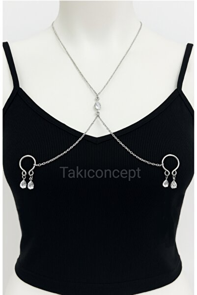 TakıConcept KRİSTAL DETAYLI KOLYELİ SIKIŞTIRMA FAKE DELİKSİZ MEME UCU PİERCİNG