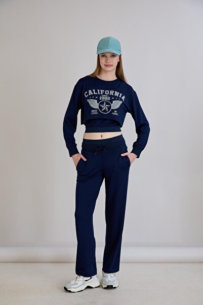 Sortie Women's Elastic Waist California Printed Indigo Crop Sweatshirt
