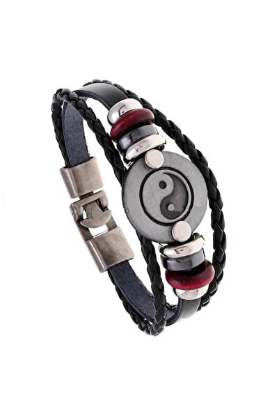 GRELYS PRINT Brățară Yin și Yang, reglabilă, din piele, unisex, mărgele din l...