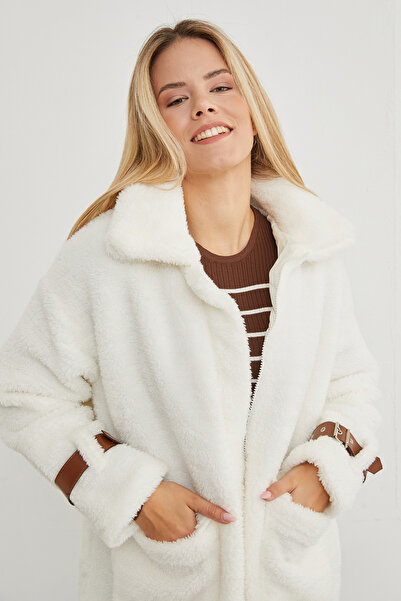 Fulla Moda Kolları Tokalı Çift Cepli Pelüş Mont