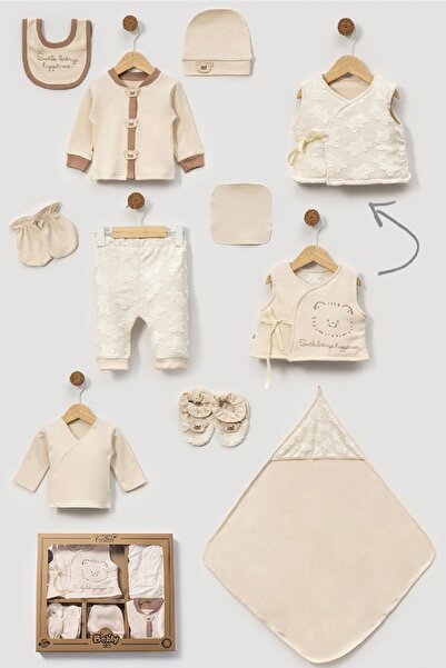 Cherub Baby Teddy Bear Patterned Süzene Embroidered Baby Boy Newborn 10 Piece Hospital Release Bodysuit Set