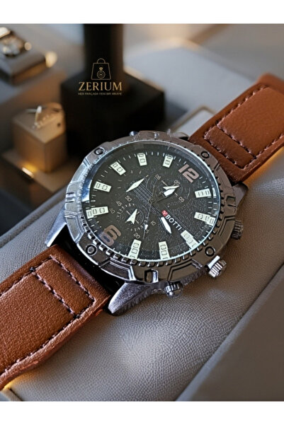 ZERİUM Sporty Design Durable Metal Case Men's Wristwatch – Pu Leather Band