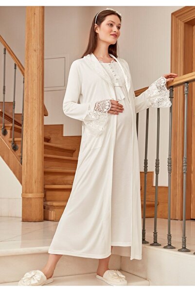 Lohusa Homewear Women's Ecru Special Design Lace Cotton Maternity Dressing Gown, Pajama Set, Nightgown 4-Piece Set