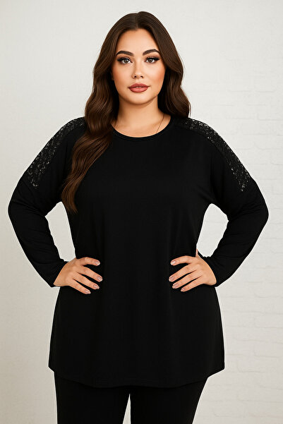 Butik Nilyam Women's Plus Size Crew Neck Long Sleeve Sequin Detailed Stretchy Tunic 25006
