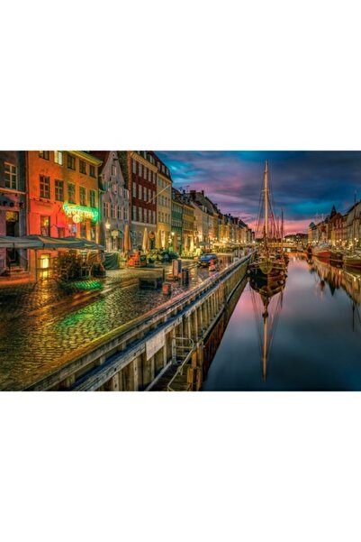 GRELYS PRINT Tablou Canvas, Oras, Corabie, Lumini, Culori, 90 x 60 cm, Rama l...