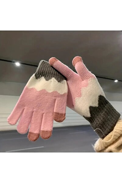Flippy Women's Gloves — Wavy Knit, Touchscreen, Acrylic, Fleece Lined, One Size, Pink/Grey
