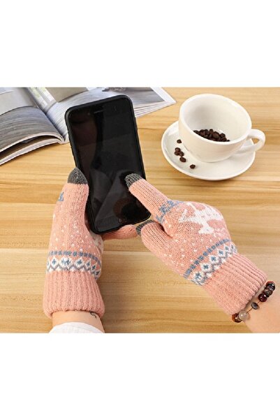 Flippy Women's Gloves, Reindeer Pattern, Touchscreen Function, Acrylic, Pink, One Size