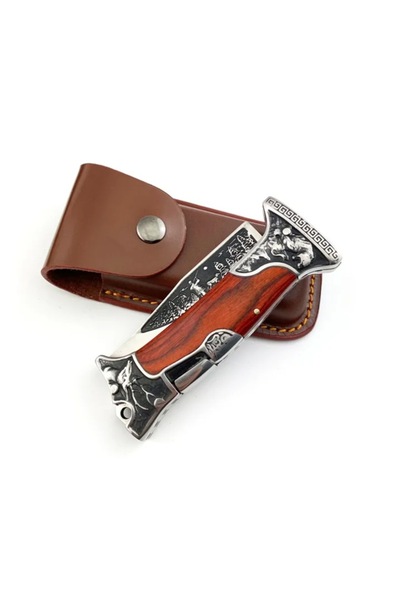 Yacht TNG Folding hunting knife with engraved wooden handle, steel blade, leather sheath, 23 cm, Silver