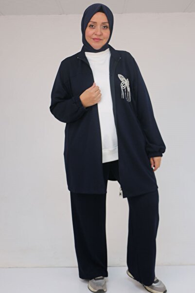 Eslina 57057 Plus Size Zippered Pants Modal Suit - Navy Blue