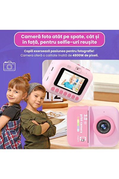FAMIFY Aparat foto instant Polaroid pentru copii, 48MP, 1080P, imprimare termică, ecran de 3", geantă, 64GB, roz