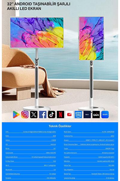 TECHNOMEN 32'' Android Taşınabilir Şarjlı Akıllı Led Ekran Ayaklı Akıllı Monitör IPS Ekran