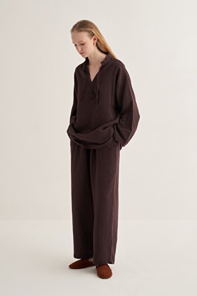 EBU Prive Women's Muslin Bohemian Pants Blouse Set Bitter Brown