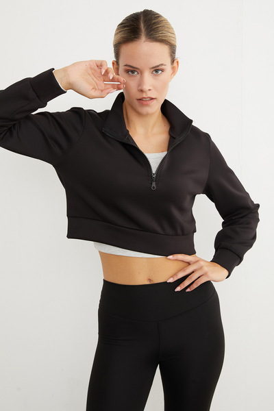Fulla Moda Half Zipper Stand Collar Crop Sweatshirt