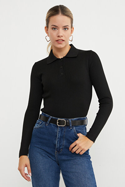 Fulla Moda Ribbed Polo Neck Half Button Knit Sweater