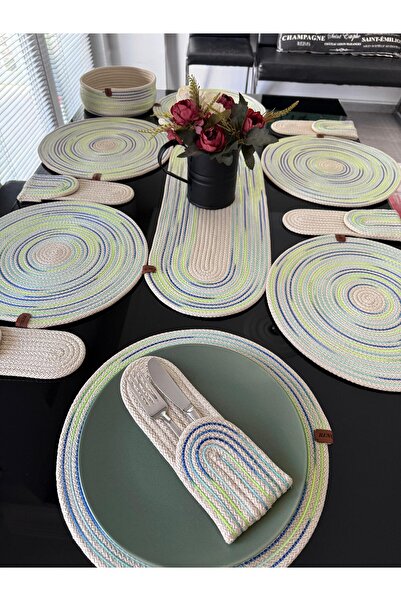 Rengarenkelemekleri Ebruli supla runner masa örtü takımı mavi yeşil çatal bıç...