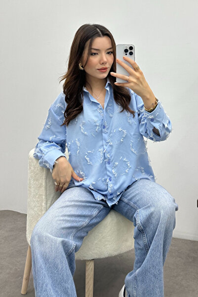 Bipantolon Cămașă de damă cu nasturi, albastră, cu detaliu cu ciucuri