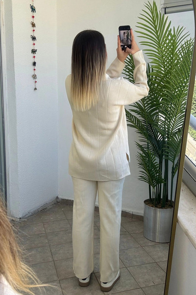 Kubos Moda Polo Neck Long Side Slit Knitwear Bottom Top Ecru Set