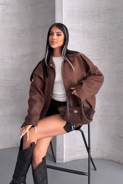 giyimmasalı Woven Suede Fabric Epaulette Bomber Jacket - Dark Brown