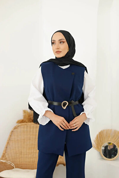 müqofficial Belted Asymmetrical Cut Vest Trousers Set - Navy Blue