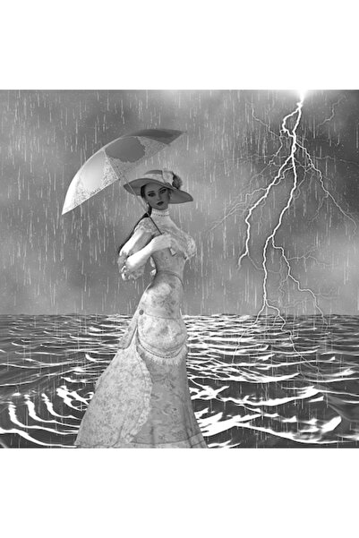 GRELYS PRINT Pictură pe pânză, Femeie cu umbrelă, Alb-negru, 70 x 70 cm, Ramă...