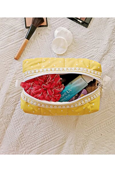 Mufincollection Жълта полка точка - капитонирана тъкан - чантичка за грим – с цип