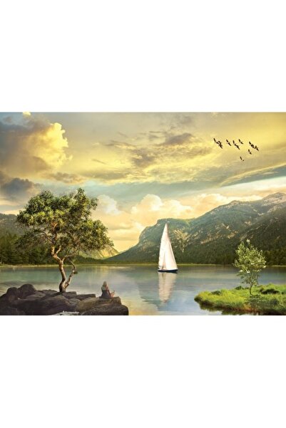GRELYS PRINT Tablou Canvas, Peisaj montan, Lac de munte, Pasari, 70 x 50 cm, ...