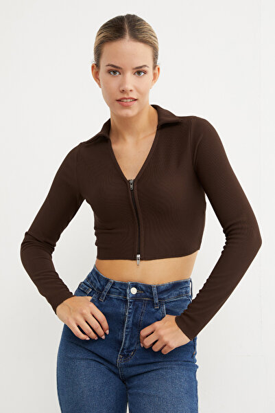 Fulla Moda Polo Neck Zippered Crop Bodysuit