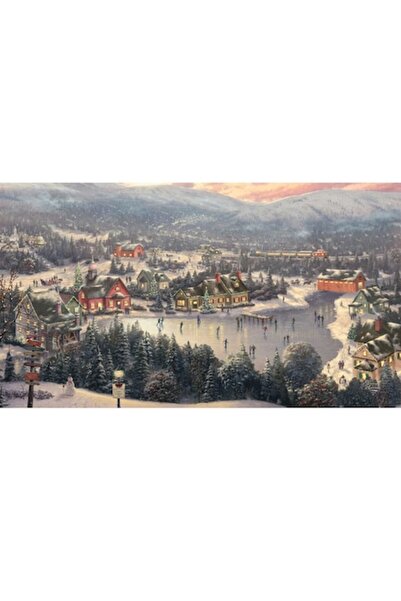 GRELYS PRINT Pictură pe pânză, Oraș ideal de iarnă, Zăpadă, Munți, Lac, Pădur...