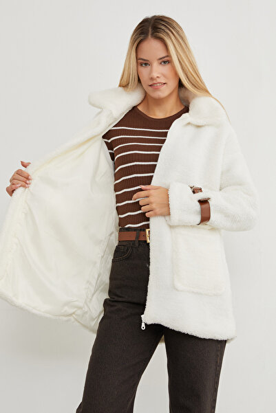 Fulla Moda Double Pocket Plush Coat with Buckle Sleeves
