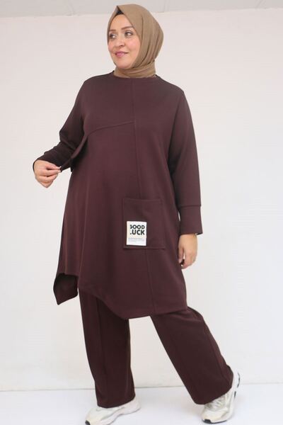 Eslina 57041 Plus Size Modal Pants Suit with Pocket Embroidery Detail - Brown