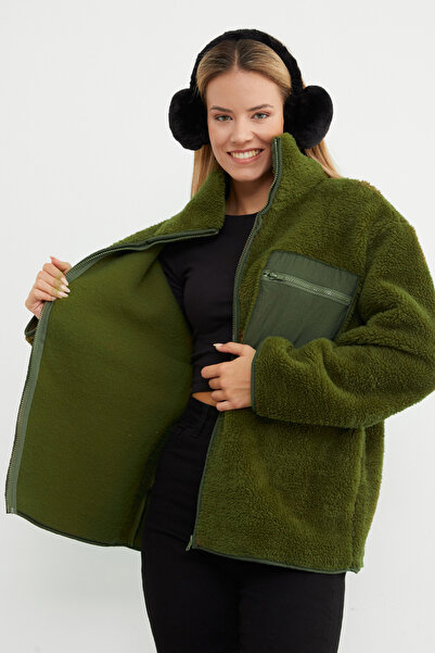 Fulla Moda Fermuarlı Tek Cepli Dik Yaka Pelüş Mont