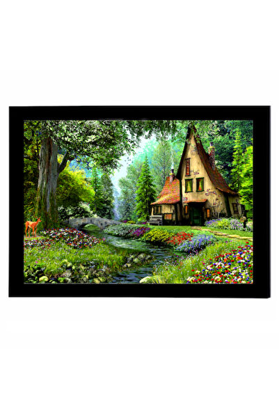 GRELYS PRINT Pictură pe pânză cu ramă, pădure, casă, flori, cerb, 30 x 20 cm,