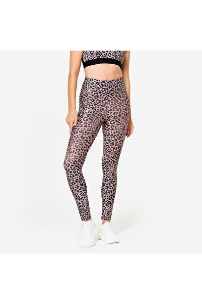 Decathlon Domyos Kadın Yüksek Bel Fitness Taytı - Leopar Deseni/Bej